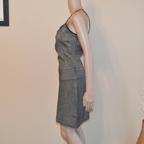 TOMMY HILFIGER JEANS Gray Herringbone Wool Blend Faux Leather Trim Sheath Dress - Picture 6 of 8